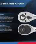 Close-up of Beefy 1/2 Inch Ratchet Wrench With 72-Tooth Reversible Mechanism, Quick Release 1/2 Drive, 10 Inch Tear-Drop Oval Head