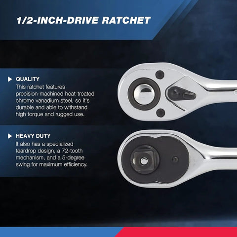 Close-up of Beefy 1/2 Inch Ratchet Wrench With 72-Tooth Reversible Mechanism, Quick Release 1/2 Drive, 10 Inch Tear-Drop Oval Head