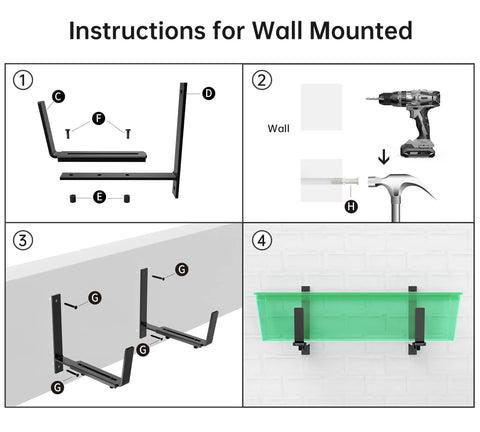 Assembly instructions for Six Pack Deck Railing Adjustable Planter Box Brackets From 6 To Twelve Point Five Inches on wall.