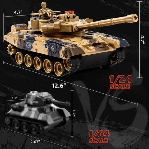 Rad 1/24 Scale RC Battle Tank With 2.4GHz Infrared Control, 330 Degree Turret Rotation, Smoke, and Sound Effects shown with size comparison