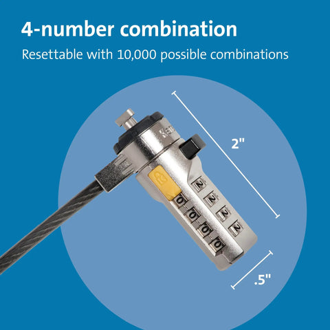 Get Your Hands On This Badass Laptop Security Cable Lock With Sweet Push Button Design And Resettable Four Digit Combination Code On Six Foot Cut Resistant Steel Wire For Office, showing 4-number combination lock.