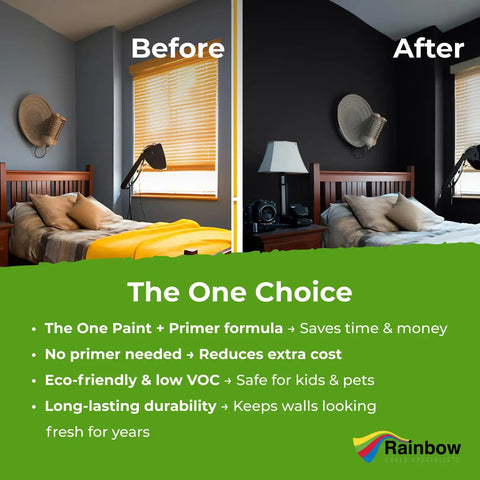 Before and after room transformation using All In One Paint And Primer Black Matte 8.5 Fl Oz Sample One Coat Formula for walls.