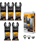 Top Shelf Carbide Oscillating Multi Tool Blades 5 Pack Heavy Duty Upgrades for slicing through hard metal, includes 5 blades in packaging.