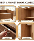 4 images showing 8 Pack Magnetic Cabinet Door Catches No Drill Needed Stainless Steel Drawer Closure in use on wooden doors.
