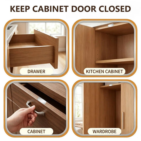 4 images showing 8 Pack Magnetic Cabinet Door Catches No Drill Needed Stainless Steel Drawer Closure in use on wooden doors.