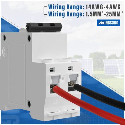 32 Amp Solar Panel Disconnect Switch For PV Systems, DC 12-400V Or AC 90-400V, 2 Pole Mini MCB Solar Shut Off, DIN Rail Mount, Easy Install, Protects Power Distribution From Overload And Short Circuit, Great For Home Or Workshop, wiring terminals shown