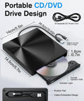 External CD DVD Drive With USB 3.0 And Type-C Plug And Play Portable Burner For Laptops And Macs No Extra Power Needed Ultra Slim Travel Ready Optical Drive, black 14.5cm drive