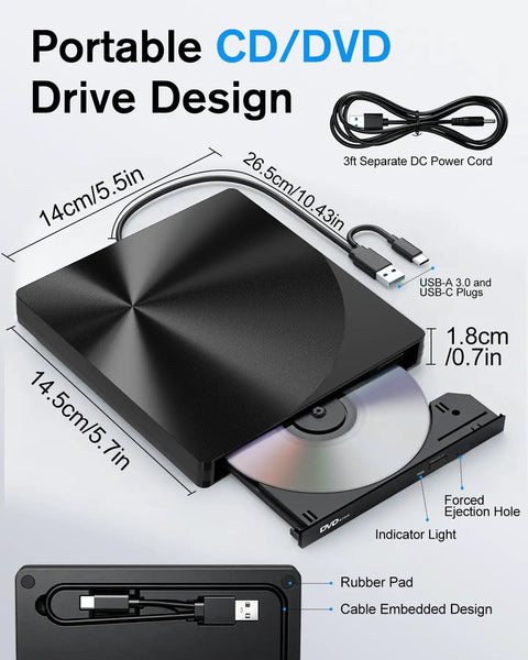 External CD DVD Drive With USB 3.0 And Type-C Plug And Play Portable Burner For Laptops And Macs No Extra Power Needed Ultra Slim Travel Ready Optical Drive, black 14.5cm drive