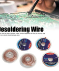 Five Piece Pro Grade High Purity Copper Soldering Wick Desoldering Solder Removal Braid Set with PCB in background