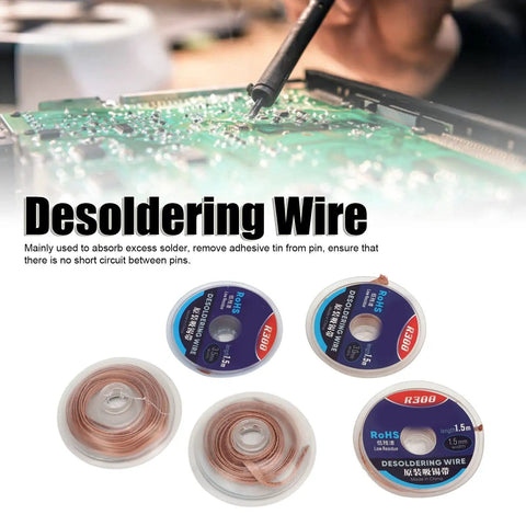 Five Piece Pro Grade High Purity Copper Soldering Wick Desoldering Solder Removal Braid Set with PCB in background