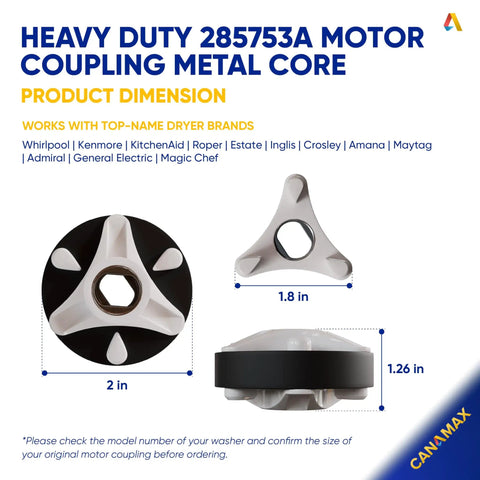 Beefy Heavy Duty 285753A Metal Core Motor Coupling Kit For Whirlpool And Kenmore Washers Replaces AP3963893 PS1485646 1195967 285753AVP 21003 280152 285140 285743 Pack Of 8 Easy Install With Step By Step Video And Fitment Guide. 2 in x 1.26 in coupling