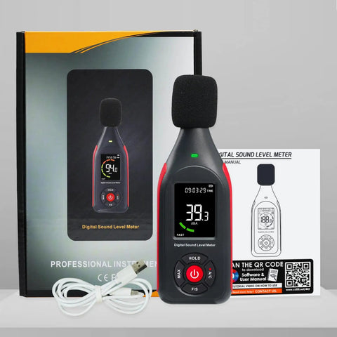 Digital Sound Level Meter With Recording And USB Rechargeable Power, 30 To 130 dB Range, 31,000 Data Logs, Three Color Alarm Lights, PC Data Export For Windows, Easy Setup For Home, Classrooms, Offices, And Industrial Environments. handheld meter with USB cable and manual