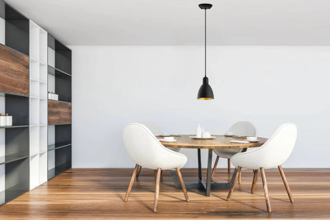 Priddy 1-Light Mini Pendant With Steel Shade Black And Gold For Kitchen Island Hallway And Dining Room Sleek Dope Modern LED Compatible 60W 82 In Adjustable Hanging Light Fixture over round dining table in modern room