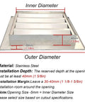 Rock Solid Stainless Steel Louvered Access Panel For Drywall And Outdoor Plumbing Inspection Doors Featuring No Sweat Installation Built Like A Tank With Slick Ventilation Grille Cover Available In Multiple Sizes dimensions showing inner and outer diameters.