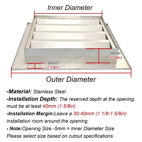 Built Tough Louvered Grille Access Panel For Drywall And Outdoor Walls, Beefy Stainless Steel Ventilation Cover with detailed dimensions.