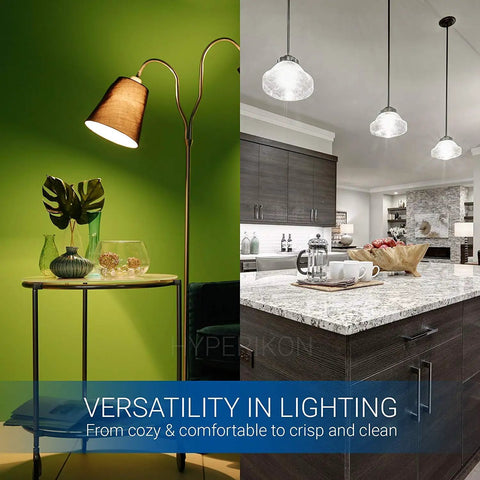 Styled living room and kitchen showing versatility with 6W Dimmable LED Tubular Bulb 60W Equivalent Daylight 4000K Big Bright 600 Lumens.