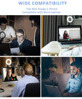 Collage of clip-on ring light in various settings, including remote work, video calls, and online learning, showcasing wide compatibility.