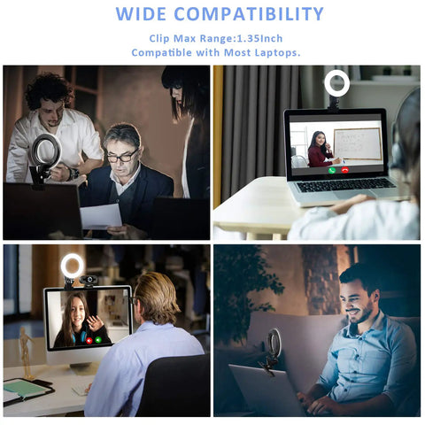 Collage of clip-on ring light in various settings, including remote work, video calls, and online learning, showcasing wide compatibility.
