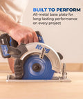 Person using 20V Ionic Drive 7.25 Inch Circular Saw Bare Tool With Powerful Brushless Motor Built-In Safety Features on plywood