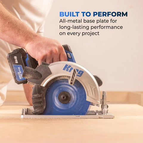 Person using 20V Ionic Drive 7.25 Inch Circular Saw Bare Tool With Powerful Brushless Motor Built-In Safety Features on plywood