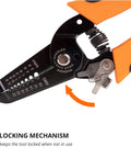 Close-up of Pro Grade All In One Wire Stripper And Cutter For Solid And Stranded Wires 22 To 10 AWG showing locking mechanism.