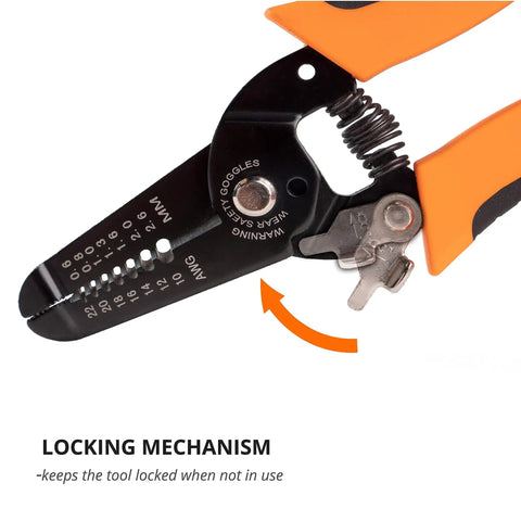 Close-up of Pro Grade All In One Wire Stripper And Cutter For Solid And Stranded Wires 22 To 10 AWG showing locking mechanism.
