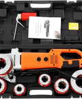 Built Tough Portable Pipe Threader Driven By 2300 Watt Copper Motor And Six Grip Tight Dies From Half To Two Inches in carrying case.