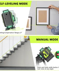 Ultra Bright 16 Line 360 Self Leveling Laser Level With 4D Green Cross Lines used for picture hanging and stair alignment