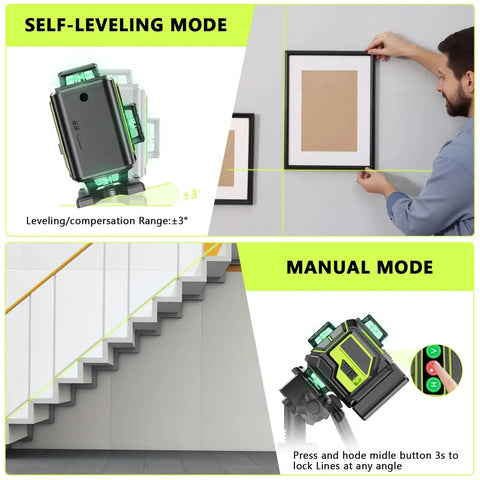 Ultra Bright 16 Line 360 Self Leveling Laser Level With 4D Green Cross Lines used for picture hanging and stair alignment