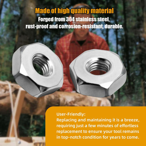Sprocket Cover Bar Nut Kit For Stihl MS171 MS181 MS192T MS211 MS231 MS251 MS291 MS311 MS361 MS362 MS391 MS441 MS461 Chainsaws Replacement Parts Pack Of 2 displayed against a blurred background showing a workshop setting.