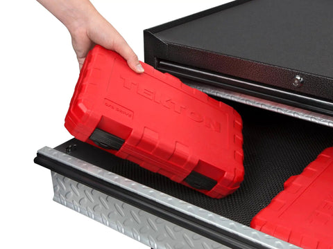 Red carrying case for Three Eighths Inch Drive Shallow And Deep Twelve Point Socket And Ratchet Set Pro Grade With Case, Forty Six Piece Set