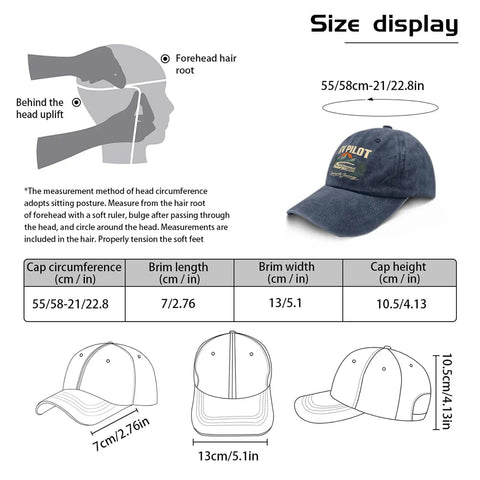 Size guide and dimensions for Funny RV Pilot Hat For Men Cyan Blue Camper Road Trip Cap with Adjustable Strap.