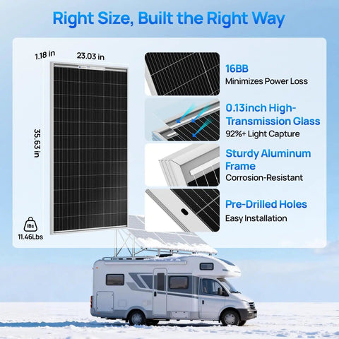 400W Monocrystalline Solar Panel Kit With Four 100W Panels 18V Output For Off Grid Power At Home Or On The Go Camping And Tailgate Ready For RVs Boats Sheds Farms And 12V Battery Systems features and dimensions