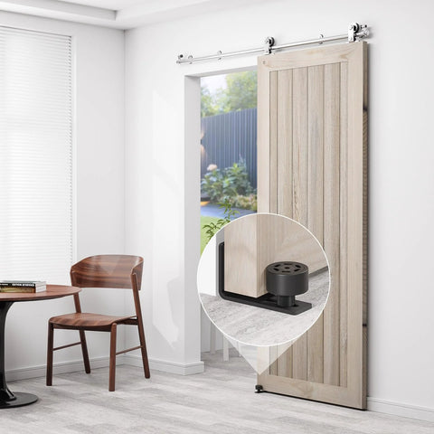 Set Of 2 Adjustable Roller Sliding Barn Door Bottom Floor Guides Wall Mounted With Flush Flat Bottom Black Fits Door Thickness 0.9 To 1.97 Inches No Slot Cutting Required Hidden Back Rollers For Smooth Quiet Operation installed in living room