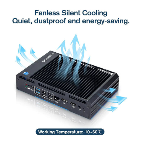 Rock Solid Fanless Router Firewall Mini PC With Dual SFP Fiber, showcasing fanless silent cooling and multiple ports.
