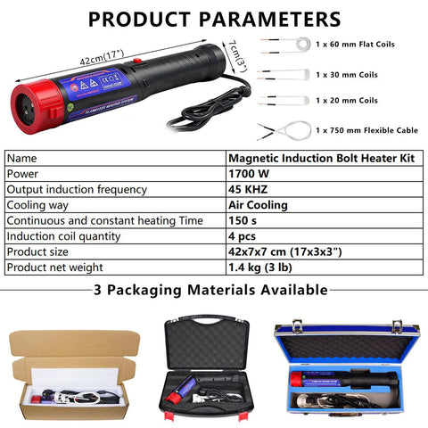 Heavy Duty Magnetic Induction Heater Bolt Removal Tool One Hand Operated 1700 Watt compact design with four coil rings and power specifications.