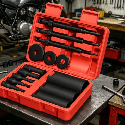 Heavy Duty Bearing Puller Set With Red Molded Case For Clean Internal Housing Extraction Using Pro Grade 45 Steel Repair Tools That Handle Tight Spacing Needs Like A Badass Tool While Getting The Mechanic Work Done Right, open case with pullers