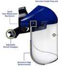 Full Face Safety Shield With Clear Extrusion-Grade Polycarbonate Visor, Built Tough and Impact Resistant, shown with labels