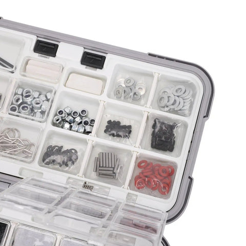 Universal RC Screw Kit With 537 Pcs Double Sided Screws And Nuts Organizer Box Hardware Fasteners For 1/8 1/10 1/12 And 1/16 Scale RC Cars Trucks Crawlers On Road Vehicles, open organizer box with assorted metal nuts, washers, pins