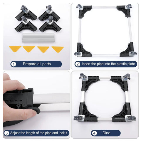 Step-by-step assembly of Heavy Duty Base Stand For Washing Machines With Four Locking Wheels And Eight Adjustable Feet Mobile Dolly Cart Base