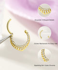 16G Teardrop Septum Ring With V-Shaped Openwork Bar And CZ Stones, 316L Surgical Steel Hinged Clicker Nose Ring For Women