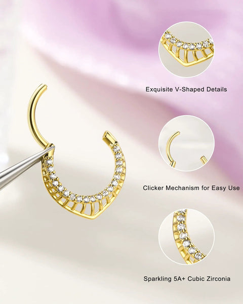16G Teardrop Septum Ring With V-Shaped Openwork Bar And CZ Stones, 316L Surgical Steel Hinged Clicker Nose Ring For Women