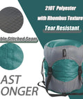 Ultralight Compression Sack For Sleeping Bags And Packable Gear Space Saving Stuff Sack For Camping Hiking And Backpacking 210T Tear Resistant Polyester Turquoise Small shown with tear-resistant polyester and double-stitched seam detail.