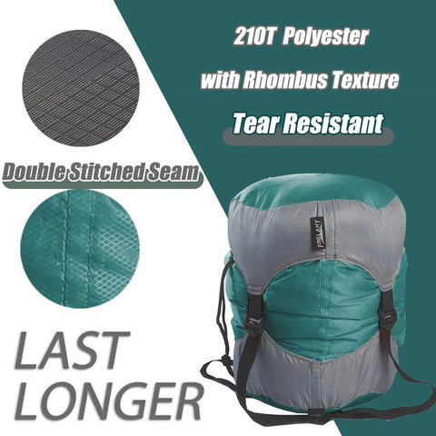 Ultralight Compression Sack For Sleeping Bags And Packable Gear Space Saving Stuff Sack For Camping Hiking And Backpacking 210T Tear Resistant Polyester Turquoise Small shown with tear-resistant polyester and double-stitched seam detail.