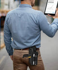Person wearing Universal Barcode Scanner Holster With Open Face Access, Belt Loop And Clip Attachment, Secure Pouch on belt