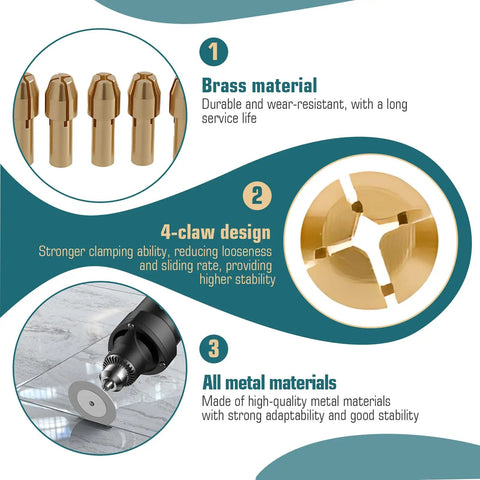 Infographic of Pro Grade 25 Pc Drill Chuck Collet Set for Dremel Rotary Tools, highlighting brass material, 4-claw design, and all metal components