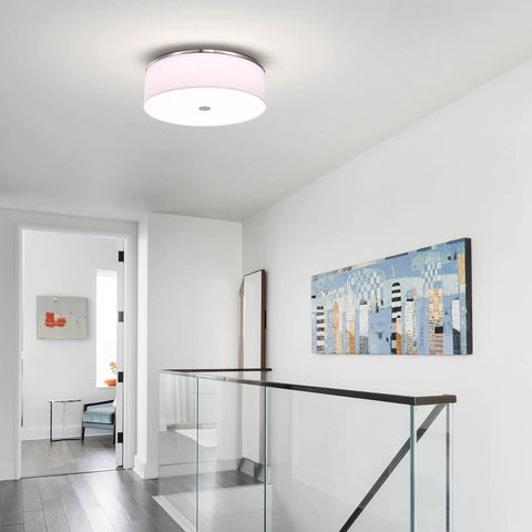 Flush Mount Ceiling Light With Brushed Nickel Finish And Linen Drum Shade 20 Inch LED Fixture in modern hallway