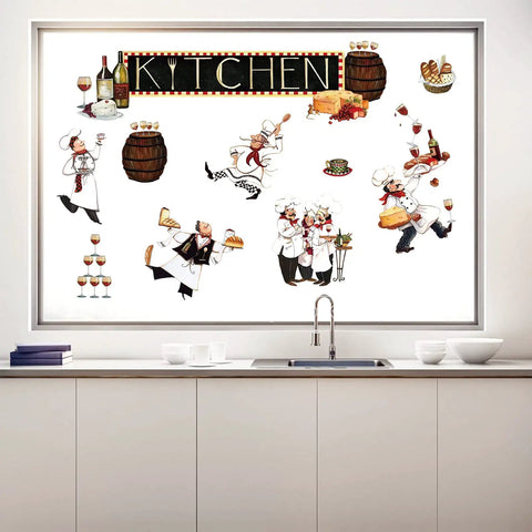 Chef Kitchen Wall Decals Set With Wine And Food Quotes, no fuss peel and stick wall stickers on kitchen wall, 8 sheets shown