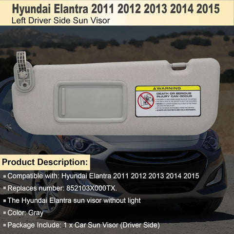 Hyundai Elantra Driver Side Sun Visor Replacement 2011 2012 2013 2014 2015 Gray Direct Fit Replaces 852103X000TX
