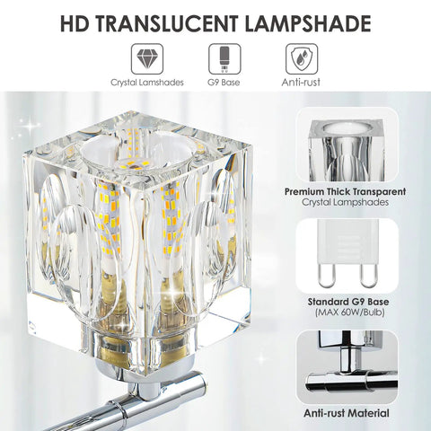 Close-up of crystal lampshade with anti-rust chrome finish, featuring Three Light Crystal Vanity Bathroom Light Fixture, 16 Inch Chrome Over Mirror.